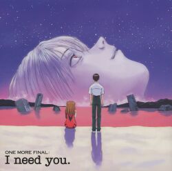 1990s_(style) 1boy 2girls absurdres ass beach black_hair brown_hair corpse disembodied_head from_behind full_body highres ikari_shinji lilith_(ayanami_rei) long_hair multiple_girls neon_genesis_evangelion official_art outdoors red_eyes retro_artstyle ruins scan school_uniform short_hair sitting sky souryuu_asuka_langley star_(sky) star_(symbol) starry_sky the_end_of_evangelion water white_hair wide_hips