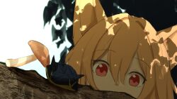 1girl animal_ears arknights blonde_hair branch ceobe_(arknights) close-up dappled_sunlight dog_ears highres inago_(kumakiti175) long_hair looking_at_animal originium_slug_(arknights) red_eyes simple_background solo sunlight tree white_background