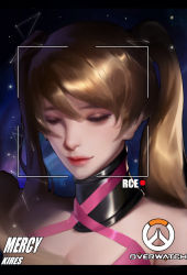 1girl alternate_hair_color alternate_hairstyle artist_name bare_shoulders blonde_hair breasts camcorder close-up closed_eyes closed_mouth dress eyelashes female_focus hair_ornament highres lips medium_breasts mercy_(overwatch) official_alternate_costume overwatch overwatch_1 pink_dress pink_mercy pink_ribbon portrait pov r.keensies recording ribbon smile solo twintails upper_body video_camera
