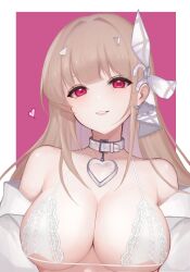 1girl absurdres belt belt_buckle belt_collar bikini border breasts brown_hair buckle cleavage collar collarbone goddess_of_victory:_nikke heart highres lace lace-trimmed_bikini lace_trim large_breasts long_hair looking_at_viewer mole official_alternate_costume outside_border parted_lips pink_background pink_eyes simple_background siriuslkun smile solo swimsuit upper_body viper_(nikke) viper_(shine_of_love)_(nikke) white_belt white_bikini white_border white_collar