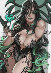 1girl artist_name black_eyeliner black_hair breasts eyeliner green_eyes green_lines heart hela_(marvel) highres large_breasts long_hair looking_at_viewer makeup marvel marvel_rivals smile solo thor_(marvel)_(series) whails
