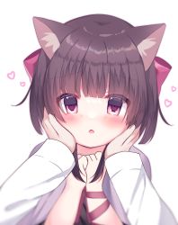 1girl :o absurdres animal_ears black_dress blush bow brown_hair cape capelet cat_ears cloak commission commissioner_upload dress face_hold face_squeeze fallenshadow flat_chest grabbing_another&#039;s_face grey_cape grey_capelet hair_bow hands_on_another&#039;s_cheeks hands_on_another&#039;s_face head_grab heart highres indie_virtual_youtuber looking_at_viewer medium_hair metchasukkyanen open_mouth own_hands_together petite pink_bow pink_eyes pink_ribbon portrait pov pov_hands ribbon shirt sidelocks skeb_commission solo_focus virtual_youtuber white_background white_shirt wrist_cuffs
