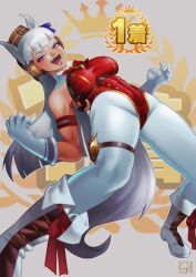 1girl animal_ears armband boots breasts evanleaves gloves gold_ship_(umamusume) highleg highleg_leotard highres horse_ears horse_girl horse_tail leaning_back leotard medium_breasts open_mouth pantyhose pillbox_hat purple_eyes red_armband red_leotard solo tail umamusume white_boots white_gloves white_hair white_pantyhose wryyyyyyyyyyyyyyyyyyyy