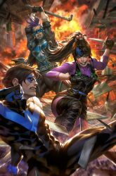 1boy 2girls batman_(series) black_bodysuit black_dress black_footwear black_gloves black_hair black_jacket blue_bodysuit blue_hair blue_mask blue_streaks bluebird_(dc) bodysuit boots comic_cover covered_abs dc_comics dcwj domino_mask dress explosion gloves highres holding holding_knife holding_lead_pipe jacket knife lead_pipe long_hair mask multicolored_hair multiple_girls nightwing official_art open_clothes open_jacket pantyhose ponytail punchline_(dc) purple_hair purple_pantyhose purple_shirt see-through_clothes see-through_shirt shirt short_dress short_hair sleeveless sleeveless_dress streaked_hair superhero_costume textless_version thigh_boots torn_clothes torn_pantyhose torn_shirt two-tone_bodysuit two-tone_hair