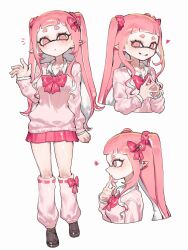 1girl bow bowtie breasts brown_shoes cardigan collared_shirt commentary_request cross cross_earrings earrings food-themed_hair_ornament grin hair_bow hair_ornament hair_scrunchie hand_up highres inkling inkling_girl inkling_player_character jewelry loafers long_hair long_sleeves loose_socks miniskirt multiple_views nintendo notice_lines open_hand own_hands_together pink_bow pink_bowtie pink_cardigan pink_eyes pink_hair pink_scrunchie pink_skirt pink_socks pleated_skirt pointy_ears ribbon-trimmed_socks ribbon_trim school_uniform scrunchie shirt shoes simple_background skirt smile socks splatoon_(series) steepled_fingers strawberry_hair_ornament tentacle_hair togetoge two_side_up very_long_hair white_background white_shirt