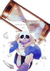 1boy 1other absurdres anniversary black_shorts blue_jacket blue_sweater frisk_(undertale) gloves highres hood hourglass jacket pov sakekuzu_no_ame sans_(undertale) shorts simple_background skeleton sweater teeth twitter_username undertale white_background white_gloves