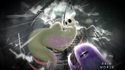 Rule 34 | animal focus, artist name, black eyes, blank eyes, climbing, cloud, cloudy sky, copyright name, creature, english text, fisheye, from below, highres, holding, lightning, lizard (rain world), looking at another, looking up, motion blur, no humans, no mouth, outdoors, peril, rain, rain world, rockthebull, sharp teeth, sky, slugcat, teeth, teruterubouzu, twitter username, water, watermark, wet