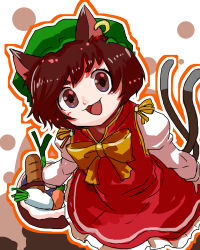 1girl absurdres animal_ear_fluff animal_ears basket blush bow bowtie bread brown_eyes brown_hair carrot cat_ears cat_girl cat_tail chen commentary_request cowboy_shot daikon dress earrings fangs flat_chest food frilled_dress frills green_hat hat highres holding holding_basket jewelry jonasan_(bad-t) long_sleeves looking_at_viewer medium_hair mob_cap multiple_tails nekomata one-hour_drawing_challenge open_mouth orange_outline outline radish red_dress shirt short_hair single_earring sleeveless sleeveless_dress smile solo spring_onion tail touhou two_tails white_background white_shirt yellow_bow yellow_bowtie