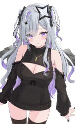1girl amane_konata bare_shoulders black_halo black_sleeves black_sweater black_thighhighs black_wings blush breasts cleavage cleavage_cutout clothing_cutout cowboy_shot detached_sleeves feathered_wings grey_hair halo highres hololive large_breasts long_hair multicolored_hair purple_eyes purple_hair simple_background solo star_halo streaked_hair sweater tamamorh thighhighs two-tone_hair two_side_up virtual_youtuber white_background wings