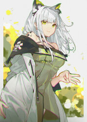 1girl animal_ears arknights bare_shoulders breasts cat_ears cat_girl coat dress from_below green_dress green_eyes hand_up highres kal&#039;tsit_(arknights) long_hair looking_at_viewer looking_down material_growth medium_breasts off_shoulder open_clothes open_coat openvl oripathy_lesion_(arknights) smile w white_coat white_hair
