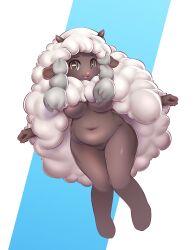 1girl :3 absurdres animal_ears animal_nose areola_slip barefoot belly big_hair blue_background blush breasts bright_pupils brown_horns dark-skinned_female dark_skin female_focus furry furry_female gen_8_pokemon grey_hair groin hands_up happy highres hitmanatee horizontal_pupils horns knees_together_feet_apart large_breasts light_blush long_hair looking_at_viewer multicolored_hair navel nintendo nude open_mouth personification pokemon pokemon_(creature) raised_eyebrows sheep_ears sheep_girl sheep_horns sidelocks simple_background smile solo two-tone_background two-tone_hair very_long_hair white_hair white_pupils wide_hips wooloo yellow_eyes