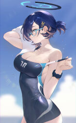 1girl absurdres alternate_costume alternate_hairstyle aqua_eyes bare_shoulders blue_archive blue_hair blue_one-piece_swimsuit blue_sky breasts chihiro_(blue_archive) cleavage closed_mouth cloud cloudy_sky covered_navel from_side hair_ornament halo highres large_breasts looking_ahead one-piece_swimsuit ponytail rabbit_hair_ornament ramuri short_hair sky solo strap_pull swimsuit towel watch wet wet_clothes wet_swimsuit wristwatch