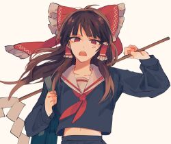 Rule 34 | 1girl, ahoge, alternate costume, anger vein, bag, black serafuku, black shirt, black skirt, bow, brown hair, commentary request, floating hair, frilled bow, frilled hair tubes, frills, glaring, gohei, hair bow, hair tubes, hakurei reimu, highres, holding, holding gohei, holding strap, large bow, long hair, long sleeves, looking at viewer, midriff, navel, neckerchief, nemari (nemaru 0907), one-hour drawing challenge, open mouth, raised eyebrows, red bow, red eyes, red neckerchief, sailor collar, sailor shirt, school bag, school uniform, serafuku, shirt, shoulder bag, simple background, skirt, skirt set, solo, straight-on, touhou, upper body, white background, white sailor collar, winter uniform