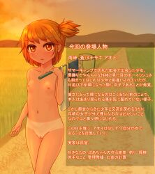 1girl blush brown_hair casual_nudity cleft_of_venus collarbone commission female_focus flat_chest grass highres holding holding_unworn_clothes horizon japanese_text loli looking_at_viewer mahorama18 mountainous_horizon navel net nipples nude original outdoors pussy shadow short_hair side_ponytail sky solo standing tan tanline tomboy translation_request unworn_clothes walking wavy_mouth