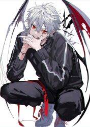 1boy absurdres black_jacket black_pants black_track_suit ear_piercing earrings fingernails grey_hair hair_between_eyes highres jacket jewelry kuzuha_(nijisanji) long_fingernails long_sleeves looking_at_viewer male_focus mole mole_under_eye nijisanji open_mouth pants piercing pointy_ears red_eyes sharp_fingernails shoes simple_background slav_squatting sneakers solo squatting track_jacket track_pants track_suit vampire virtual_youtuber white_hair white_shoes znjxlz