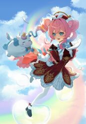 1girl absurdres aqua_bow aqua_bowtie aqua_eyes aqua_hair black_shoes bow bowtie bubble cloud commentary dress drill_hair get_sung_03 hat highres honkai:_star_rail honkai_(series) hyacine_(honkai:_star_rail) little_ica_(honkai:_star_rail) multicolored_hair pantyhose parted_lips pegasus pink_hair red_dress red_hat shoes smile twin_drills twintails two-tone_hair white_pantyhose