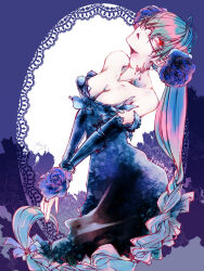 1girl bare_shoulders breasts bridal_gauntlets cleavage collarbone dress flower hair_between_eyes hair_flower hair_ornament head_back highres long_dress long_hair low-braided_long_hair low-tied_long_hair medium_breasts megurine_luka purple_bridal_gauntlets purple_dress purple_flower rectangular_eyewear red_eyes shiinoyuko solo strapless strapless_dress very_long_hair vocaloid