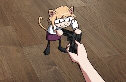 Rule 34 | 1girl, :3, animal ears, blonde hair, giving, go do a crime (meme), gun, handgun, highres, holding, holding gun, holding weapon, meme, neco-arc, pistol, tail, tsukihime, weapon, wilup, wooden floor