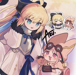 2girls aesc_(fate) aesc_(savior)_(fate) azu_(kirara310) black_bow blonde_hair blue_eyes blush bow closed_eyes fate/grand_order fate_(series) habetrot_(fate) hair_between_eyes hair_bow highres long_hair multiple_girls open_mouth pink_eyes pink_hair ponytail smile
