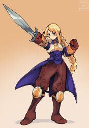 Rule 34 | 1girl, agrias oaks, armor, blonde hair, blue dress, braid, breastplate, brown gloves, commentary, commission, dress, english commentary, final fantasy, final fantasy tactics, full body, gloves, highres, holding, holding sword, holding weapon, joanna went bananas, knee pads, long hair, orange eyes, shoulder armor, shoulder pads, signature, simple background, solo, sword, weapon