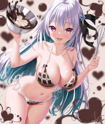 1girl bare_shoulders bikini black_ribbon blue_hair blush bowl breasts brown_bikini candy chocolate chocolate_heart cleavage collarbone food front-tie_bikini_top front-tie_top grey_hair hair_between_eyes hair_ornament hair_ribbon heart heart-shaped_food highres holding holding_bowl holding_chocolate holding_food holding_whisk kogarashi_tobi large_breasts long_hair looking_at_viewer multicolored_hair navel open_mouth original print_bikini purple_eyes ribbon side-tie_bikini_bottom signature smile solo swimsuit two-tone_hair valentine whisk