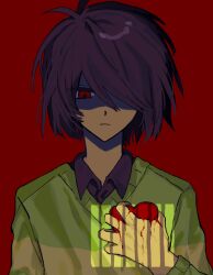 1other absurdres black_shirt blood brown_hair chinese_commentary closed_mouth collared_shirt commentary deltarune green_sweater hair_over_one_eye heart highres holding holding_heart hollowrabknight kris_(deltarune) looking_down other_focus partially_shaded_face portrait red_background shadow shirt short_hair simple_background striped_clothes striped_shirt sweater