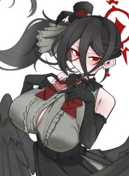1girl absurdres bare_shoulders black_choker black_hair black_wings blue_archive breasts choker covered_erect_nipples elbow_gloves feathered_wings gloves halo hasumi_(blue_archive) hat highres i3eancurd idol large_breasts long_hair mini_hat mini_top_hat red_eyes side_ponytail sleeveless tilted_headwear top_hat white_background wings