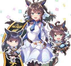 Rule 34 | 1girl, 2girls, ahoge, alternate costume, animal ears, black hair, blue eyes, blush, breasts, chibi, commentary request, daring tact (umamusume), gloves, hair between eyes, hair ornament, horse ears, medium breasts, multiple girls, shinohara shinome, smile, solo, star (symbol), star hair ornament, thighhighs, umamusume, voice actor