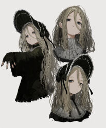 1girl absurdres black_bonnet black_dress black_gloves black_nails black_ribbon blonde_hair blue_eyes bonnet closed_mouth commentary dress expressionless fingerless_gloves frilled_bonnet frills gloves gothic_lolita grey_background hair_between_eyes highres lolita_fashion long_hair long_sleeves looking_at_viewer multiple_views original pikuson ribbon simple_background upper_body