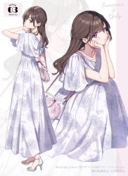 1girl amagi_shino bag blush brown_hair closed_mouth commentary_request dress floral_print high_heel_sandals highres long_hair looking_at_viewer multiple_views original parted_lips print_dress purple_dress purple_eyes sandals short_sleeves shoulder_bag standing white_background white_sandals zoom_layer