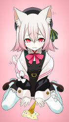 1girl akai_kuro animal_ears belt black_belt black_dress black_hat black_jacket blush bow bow_legwear bowtie brown_shoes cat_ears cat_girl cat_tail dress dropped_food food green_bow hat hat_bow ice_cream ice_cream_cone jacket long_sleeves looking_at_viewer off-shoulder_jacket off_shoulder open_clothes open_jacket parted_lips pink_background pink_hair red_bow red_bowtie red_eyes sad sayo_(voicevox) shirt shoes short_hair sitting sleeveless sleeveless_dress striped_bow tail tears teeth thighhighs voicevox white_bow white_shirt white_thighhighs