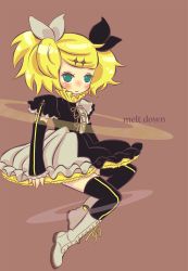 1girl alternate_hairstyle bad_id bad_pixiv_id blonde_hair boots detached_sleeves dress female_focus full_body green_eyes hair_ornament hair_ribbon hairclip highres joy joy* kagamine_rin kagamine_rin_(reactor) long_hair ribbon roshin_yuukai_(vocaloid) solo thighhighs twintails vocaloid