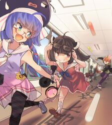1boy 2girls absurdres aged_down anger_vein black_hair black_hoodie blue_eyes blue_hair blue_ribbon braided_twintails ceiling ceiling_light chasing commentary_request denim dress eel_hat fang frilled_skirt frills from_below from_side glasses grin headphones highres holding holding_headphones holding_removed_eyewear hood hoodie indoors jeans knife_hair_ornament looking_back minase_kou motion_blur multiple_girls neck_ribbon neckerchief otomachi_una pants perspective red_dress red_eyes ribbon running school shoes siwasunohige skin_fang skirt sleeveless sleeveless_dress smile sneakers socks sweatdrop swinging_weapon touhoku_kiritan unworn_eyewear vocaloid voiceroid white_neckerchief