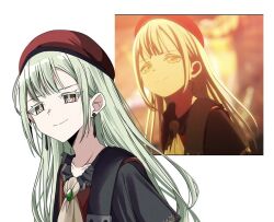 1girl ascot bang_dream! bang_dream!_it&#039;s_mygo!!!!! beret black_capelet black_collar bucishiro capelet closed_mouth collar collarbone colored_eyelashes commentary earrings frilled_collar frills gold_trim green_brooch green_hair guitar_strap hair_between_eyes hat jewelry long_hair looking_ahead mortis_(bang_dream!) no_mask red_capelet red_hat reference_inset screenshot_inset sidelocks simple_background single_stripe smile solo striped_capelet swept_bangs symbol-only_commentary three_quarter_view upper_body wakaba_mutsumi white_background yellow_ascot yellow_eyes
