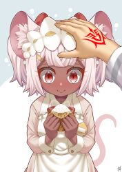 absurdres animal_ears apron blush breasts command_spell daikokuten_(fate) daikokuten_(first_ascension)_(fate) dark-skinned_female dark_skin dress fate/grand_order fate_(series) food fujimaru_ritsuka_(male) grey_dress guriguri_(arayotto4351) headpat highres long_sleeves looking_at_viewer maid_headdress mouse_ears mouse_girl mouse_tail onigiri red_eyes short_hair small_breasts smile solo_focus tail twintails white_apron white_hair