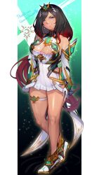 1girl bare_shoulders black_hair blue_eyes border breasts cleavage cosplay crow_(gravity_daze) dress full_body gravity_daze green_background highres large_breasts long_hair multicolored_hair mythra_(xenoblade) mythra_(xenoblade)_(cosplay) r123 red_hair short_hair solo streaked_hair tiara white_border white_dress xenoblade_chronicles_(series) xenoblade_chronicles_2