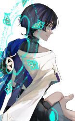 Rule 34 | 1boy, aqua eyes, aqua halo, armor, black bodysuit, black hair, black shorts, blue cape, blue sleeves, blunt ends, bodysuit, cape, ce5 ez, eyeliner, eyeshadow, fingernails, from behind, furisode, genshin impact, glowing markings, grey bridal gauntlets, half-closed eyes, halo, halo behind head, highres, japanese armor, japanese clothes, kimono, kote, kurokote, layered sleeves, looking to the side, magic circle, makeup, male focus, mandala, open hands, parted lips, red eyeliner, red eyeshadow, scaramouche (genshin impact), short sleeves, shorts, shoulder peek, sideways mouth, solo, wanderer (genshin impact), white background, white kimono, white mouth, white sleeves