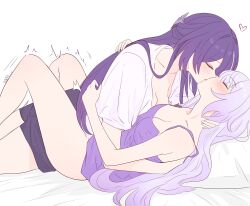 2girls acheron_(honkai:_star_rail) bed black_swan_(honkai:_star_rail) blush bottomless breasts camisole closed_eyes collarbone commentary english_commentary hair_ornament highres honkai:_star_rail honkai_(series) implied_futanari implied_sex kiss large_breasts long_hair lying missionary multiple_girls on_back on_bed pillow purple_camisole purple_hair purple_shirt purple_shorts samlatte shirt shorts signature trembling