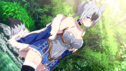 Rule 34 | 1girl, aki (sakura isekai adventure), animal ears, armor, armored dress, black choker, blue gemstone, choker, dress, forest, fur jacket, game cg, gem, grey eyes, grey hair, highres, inma, jacket, multicolored hair, nature, official art, river, riverbank, sakura isekai adventure, skirt, tail, thighhighs, wet, wolf ears, wolf girl, wolf tail