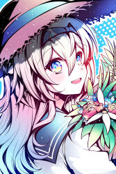 Rule 34 | 1girl, black hairband, bouquet, commentary, electronduck, english commentary, firefly (honkai: star rail), firefly (spring missive) (honkai: star rail), flower, green sailor collar, grey hair, hairband, hat, highres, holding, holding bouquet, honkai: star rail, honkai (series), long hair, looking at viewer, looking back, official alternate costume, open mouth, purple eyes, sailor collar, school uniform, shirt, solo, straw hat, twitter username, upper body, white shirt