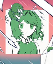 1girl arrow_(projectile) arrow_in_body barancheungba bare_shoulders border closed_mouth collared_dress dress envelope expressionless falling_letter floating_hair from_above frown gradient_border green_dress green_eyes green_hair heart heart_arrow highres holding holding_arrow iyowa_girls looking_at_viewer looking_up motion_lines multiple_views pink_border short_hair sleeveless sleeveless_dress speed_lines surreal tabun_owari_(vocaloid) tawari_(iyowa) walking