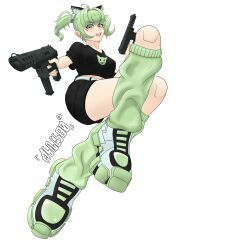1girl ahoge animal_ears animal_print asnesbo belt black_shirt black_shorts blush breasts cat_ears cat_girl cat_print crossed_legs dual_wielding earrings easybreezytv fang green_eyes green_hair green_nails green_socks gun handgun holding holding_gun holding_weapon indie_virtual_youtuber jewelry kneehighs long_hair looking_at_viewer loose_socks medium_breasts midriff navel open_mouth pistol print_shirt shirt shoes short_sleeves shorts sitting smile sneakers socks teeth twintails virtual_youtuber weapon white_belt white_shoes