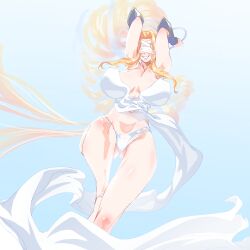 Rule 34 | 1girl, absurdres, arms up, blindfold, blonde hair, blue background, breasts, digimon, digimon (creature), dress, foot out of frame, gerusyu, gradient background, highres, huge breasts, long hair, panties, simple background, solo, underwear, venusmon, very long hair, white dress, white panties