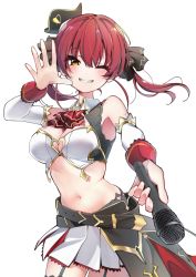 1girl absurdres bicorne black_hat black_ribbon blush breasts bustier detached_sleeves garter_straps grin hair_ribbon hat highres hololive hololive_fantasy houshou_marine idol long_hair looking_at_viewer medium_breasts microphone midriff mini_hat miniskirt navel official_alternate_costume one_eye_closed pirate_hat pleated_skirt red_hair ribbon skirt sleeve_cuffs sleeveless smile solo twintails virtual_youtuber white_skirt yellow_eyes yoshioka_pochi