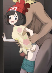 1boy 1girl against_wall age_difference akacolor beanie black_eyes black_hair blush censored character_mask clothed_female_nude_male clothes_pull dark-skinned_male dark_skin erection floral_print front-tie_top gen_7_pokemon green_shorts hat hetero highres imminent_penetration imminent_rape interracial large_penis loli looking_down mask matching_hair/eyes medium_hair mimikyu mosaic_censoring nintendo nude open_mouth penis pokemon pokemon_sm red_hat selene_(pokemon) shorts shorts_pull thigh_sex torso_grab variant_set