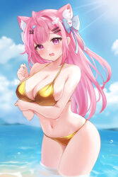 Rule 34 | 1girl, ahoge, animal ears, arm under breasts, bandaid, bandaid hair ornament, bare arms, bare shoulders, bikini, blue bow, blue sky, blush, bow, breasts, cat ears, cat girl, cleavage, cloud, cloudy sky, collarbone, commentary, crossed bandaids, day, extra ears, fish hair ornament, ghost hair ornament, hair bow, hair ornament, hairclip, heart, heart hair ornament, indie virtual youtuber, large breasts, long hair, looking at viewer, navel, nikoo, open mouth, pink eyes, pink hair, sky, solo, stomach, swimsuit, thighs, virtual youtuber, wing hair ornament, yuuki sakuna