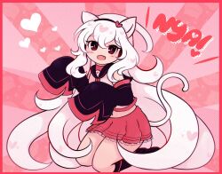 1girl animal_ears black_boots black_sailor_collar black_sleeves boots border cat_tail chanpotei detached_sleeves fang grey_shirt hair_ornament headphones heart heart_hair_ornament kemonomimi_mode long_hair looking_at_viewer midriff navel open_mouth red_background red_border red_eyes red_skirt red_trim sailor_collar shirt sitting skirt sleeves_past_fingers sleeves_past_wrists smile solo sukone_tei tail thighs turtleneck utau very_long_hair wariza white_hair