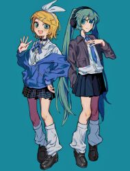 2girls :d absurdres alternate_costume aqua_background aqua_eyes aqua_hair belt_collar black_shoes black_skirt blonde_hair blue_necktie blue_ribbon blue_sweater bow brown_jacket collar collared_shirt commentary dot_nose earphones hair_bow hair_ornament hairband hand_on_own_chest hand_on_own_hip hatsune_miku headphones highres jacket kagamine_rin leg_warmers light_blush long_hair looking_at_viewer miniskirt multiple_girls necktie open_mouth pleated_skirt ribbon sashimisu shirt shoes short_hair skirt smile star_(symbol) star_hair_ornament sweater twintails very_long_hair vocaloid waving white_bow white_hairband white_leg_warmers white_shirt