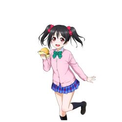 Rule 34 | 1girl, :d, black hair, blue skirt, blush, bow, bowtie, burger, cardigan, collared shirt, diagonal-striped bow, diagonal-striped bowtie, diagonal-striped clothes, feet out of frame, food, green bow, green bowtie, hair bow, hand up, holding, holding burger, holding food, leg up, long sleeves, looking at viewer, love live!, love live! school idol festival, love live! school idol project, miniskirt, official art, open hand, open mouth, otonokizaka school uniform, pink cardigan, pink nails, plaid clothes, plaid skirt, pleated skirt, red eyes, school uniform, shirt, skirt, smile, solo, standing, standing on one leg, striped clothes, summer uniform, teeth, transparent background, twintails, upper teeth only, white shirt, yazawa nico