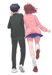1boy 1girl ayase_momo black_hair black_jacket black_pants blue_skirt blush brown_hair brown_shoes commentary_request dandadan ear_blush earrings from_behind full_body gakuran glasses highres jacket jewelry kami_high_school_uniform leaning_on_person leaning_to_the_side long_sleeves loose_socks miniskirt pants pink_sweater pleated_skirt round_eyewear school_uniform shoes short_hair skirt sleeves_past_wrists socks sweater takakura_ken_(dandadan) utiki_tiki walking white_background white_shoes white_socks